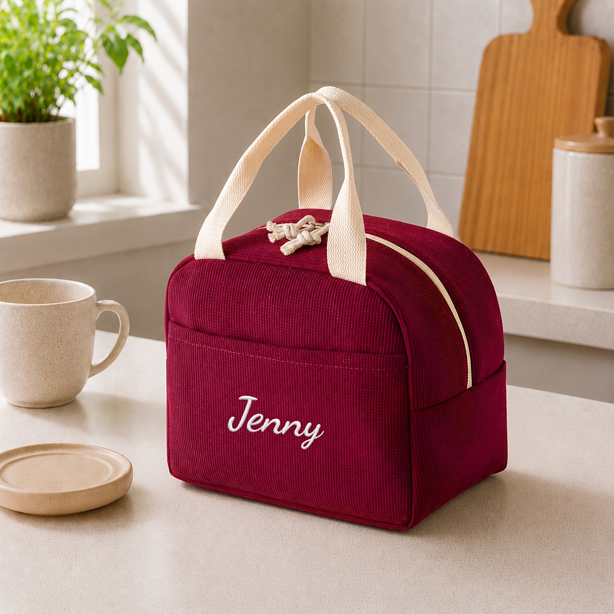 TEMU (non-food Contact) Personalized Insulated Lunch Bag For Women, Custom Name Corduroy Thermal Tote Bag With Handle, Reusable Food Cooler Bag For