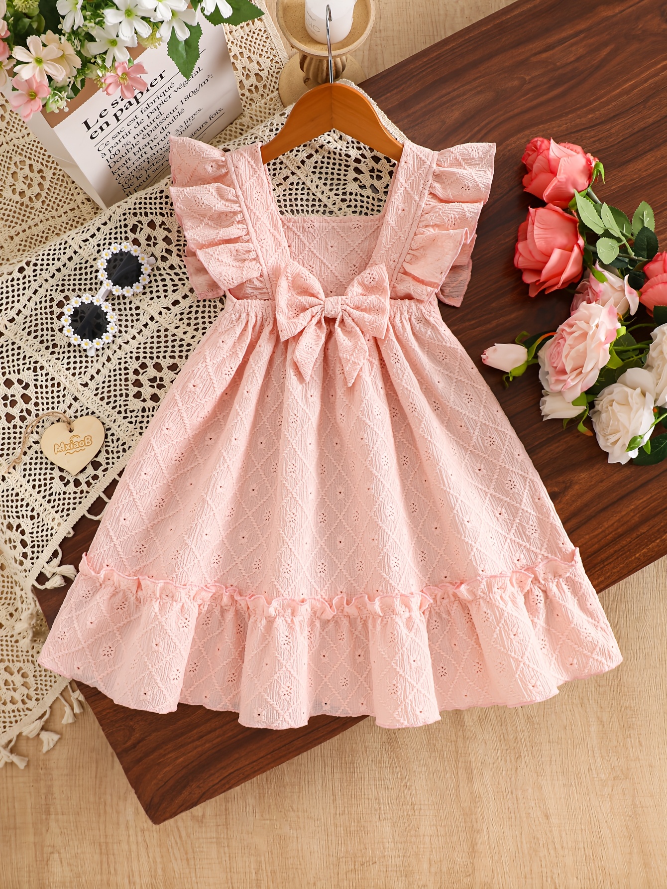 Spring Summer *' Casual Easy Comfortable, Wavy Sleeve Solid Color Bowknot  Hollow-Out Floral Embroidery Dress