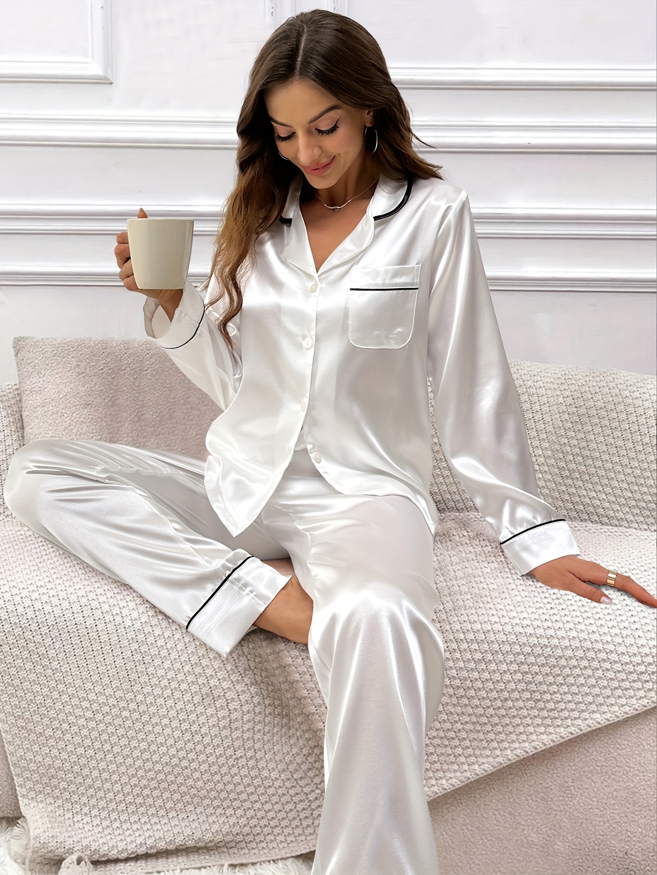 conjuntos pijama seda básicos adultos color cuello Temu Chile