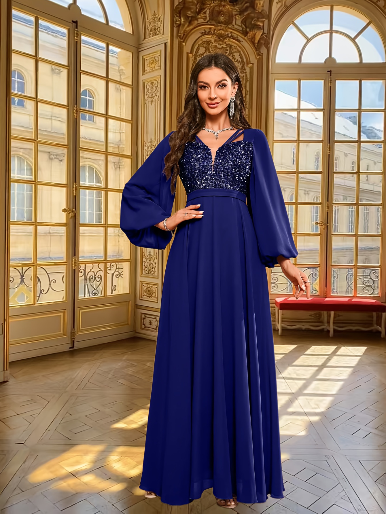 elegant long sleeve sequin accent gown women black fitted v - Temu Oman