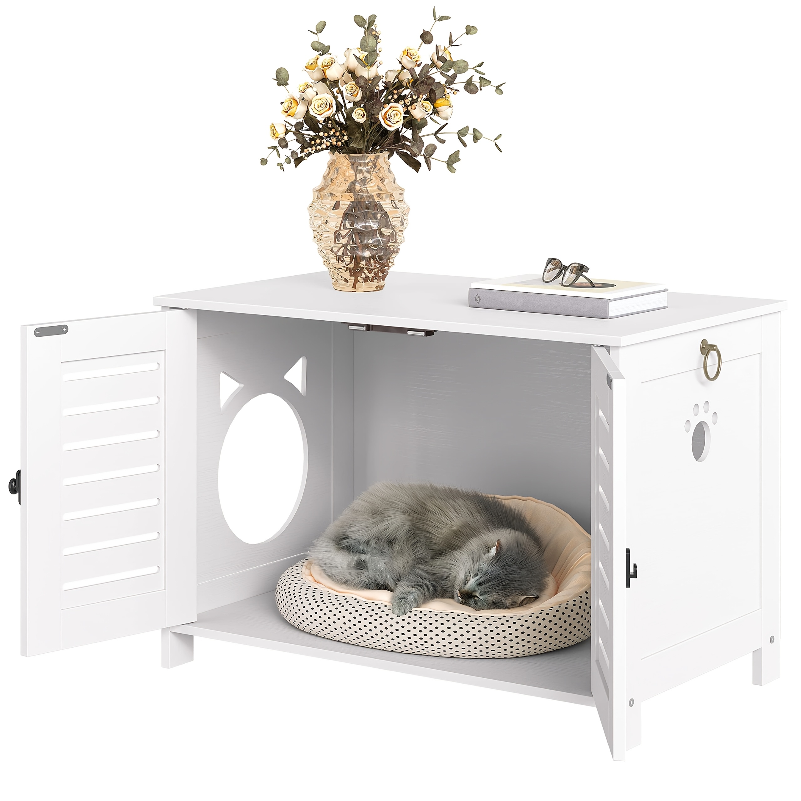 Image of Modern White Wooden Cat Litter Box & Bed With Cat Head Door - Shutter-style Enclosed Indoor Toilet Suitable For Homes, Multi-functional Furniture For Kittens And Cats, Space- Design