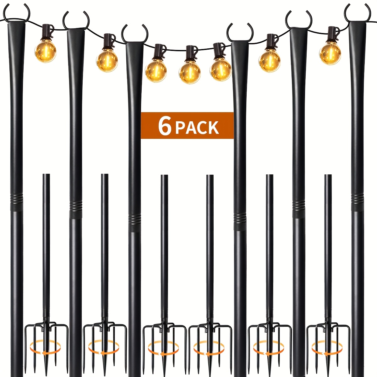 Image of 6 Pack String Light Poles For Outside, Thickened Metal Lights Hanger Pole Outdoor With Fork, Lighting Hanging Post Accessories For Patio Decor Garden Backyard Yard Front Porch Outside Decorations