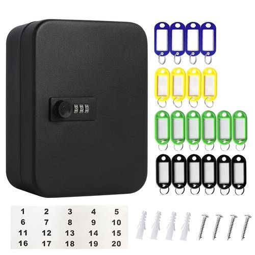 1pc black metal car key storage box with combination lock including 20 keychains wall mounted key box