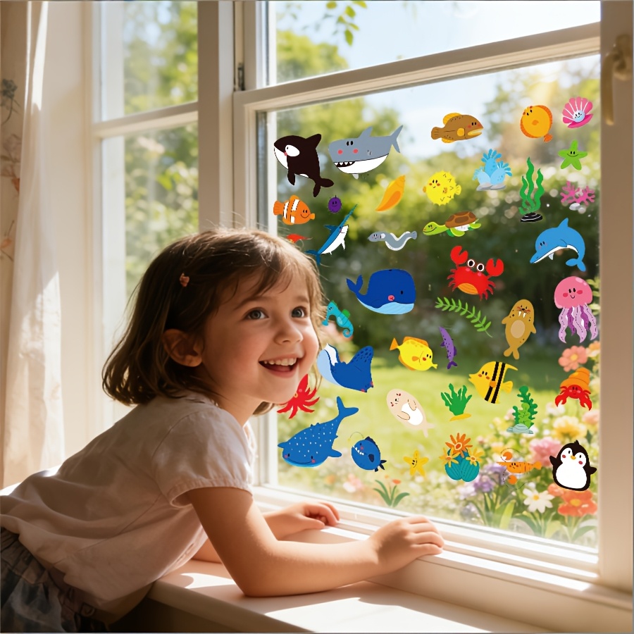 TEMU Autocollant de fenêtre DIY à motif de océaniques de dessin animé, adhésion double face , colle résidu, décalcomanies réutilisables et amovibles