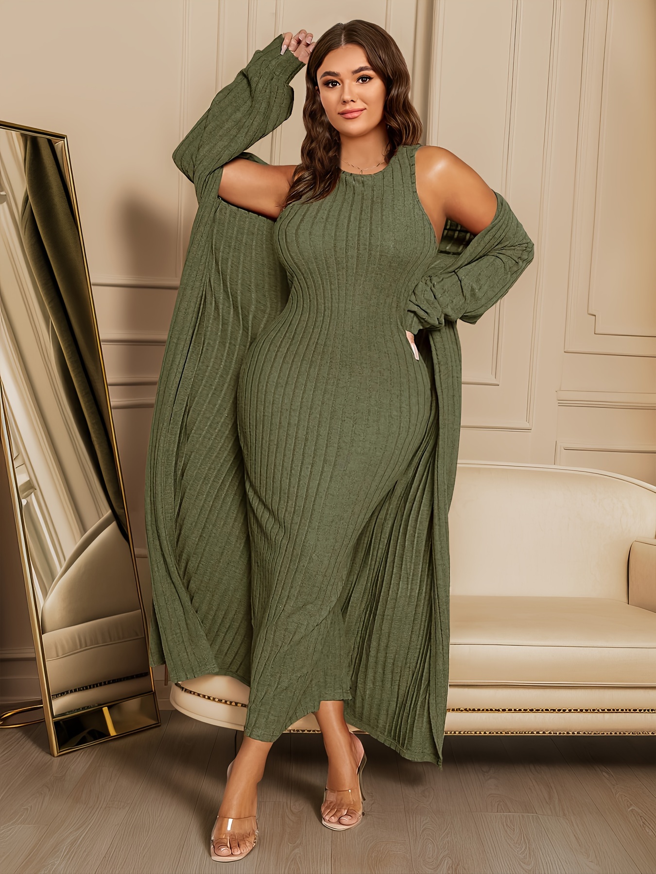 Plus Size Ribbed Two piece Set Long Sleeve Open Front - Temu