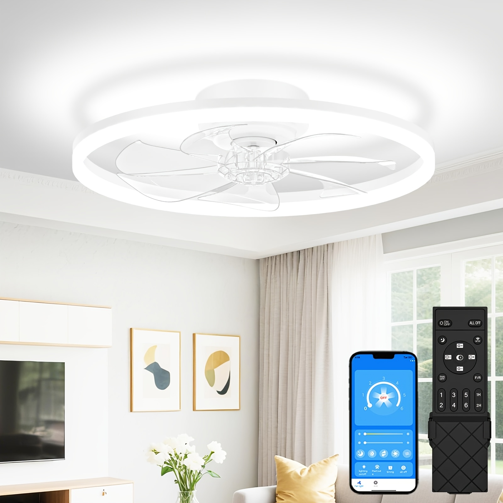 Ceiling Fan With Lighting Dimmable 3000-6500k, 6 Fan With Lamp, Remote Control & App Control, 50cm Timer, Ceiling Fan Light For Living Room Bedroom