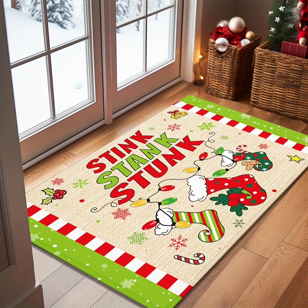 TEMU 1pc Christmas Doormat - "stink " Design With , Snowflakes - Non-slip, Hand Washable Non-woven Fabrics Doormat With Rubber Backing,