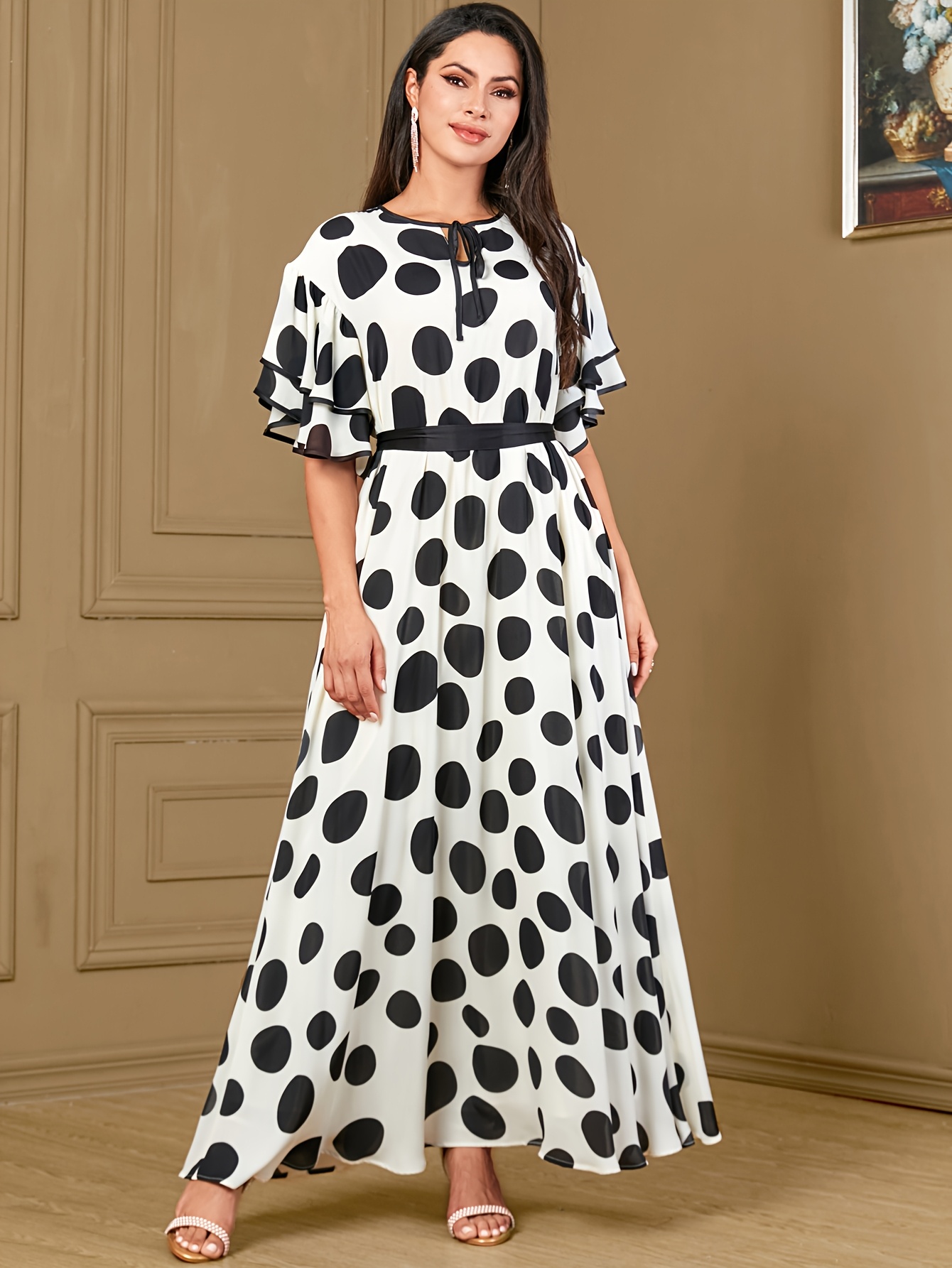 elegant black white polka dot maxi dress ruffle sleeves