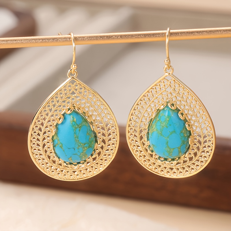 Image of Stunning Synthetic Turquoise Earrings, Golden Color Teardrop Statement Jewelry, Geometric Bohemian Copper Dangle Drop Earring Gift For Her