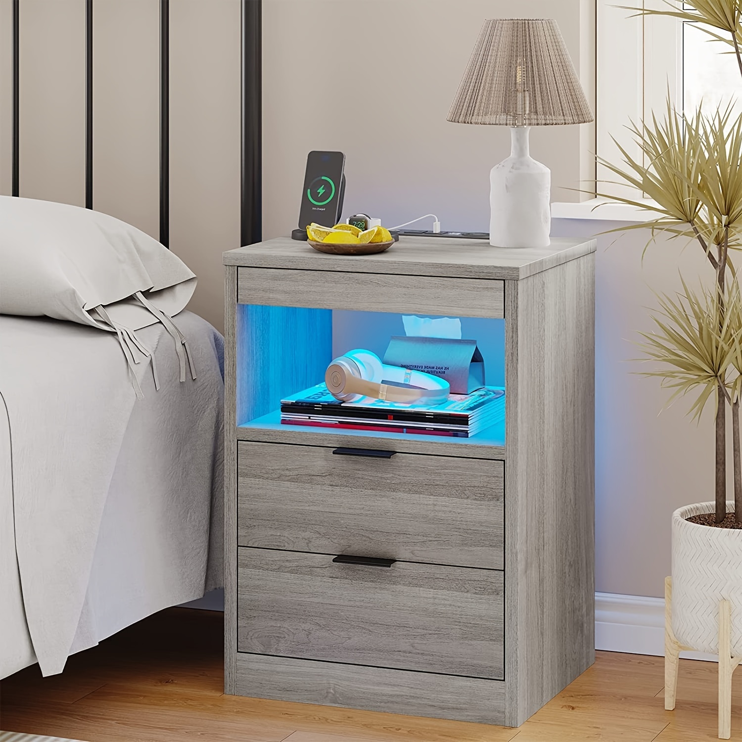 

Grey Nightstand With Wireless Charging Station And Led Lights, With 2 Drawers And Open Storage, Bedside Table With Pull-out Shelf For Bedroom, 1pcs