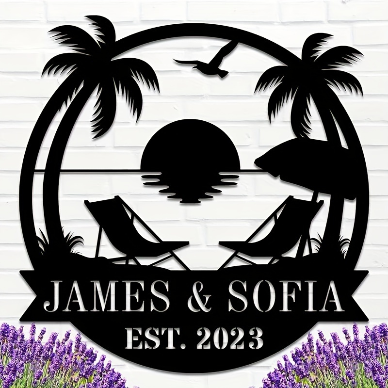 

Custom Beach-themed Metal Monogram Sign - Personalized Palm Trees Design, Removable Outdoor Family Name Plaque For Decor