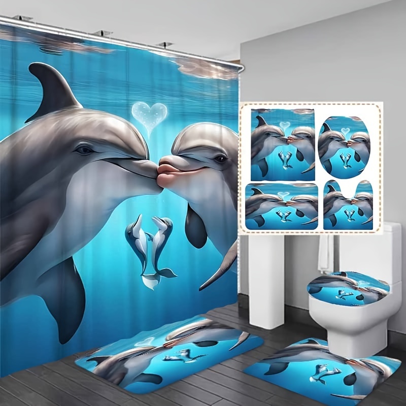 

1/3/4pcs Dolphin Pattern Shower Curtain Set, Shower Curtain With 12 Hooks, Non-slip Bath Mat, U-shaped Toilet Mat, Toilet Mat, Bathroom Accessories, Home Decor