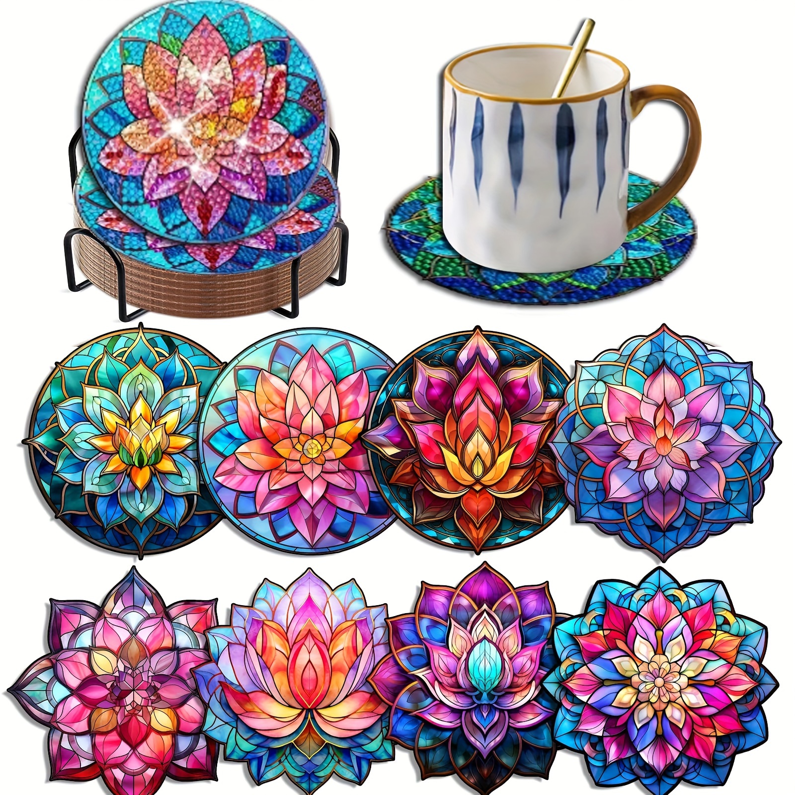 

8-piece Diamond Painting Coaster Set With Stand - Diy Crystal Lotus Diamond Art Coasters, Suitable For Beginners - Flower Theme, Round Diamond Shapes, Wooden Stand