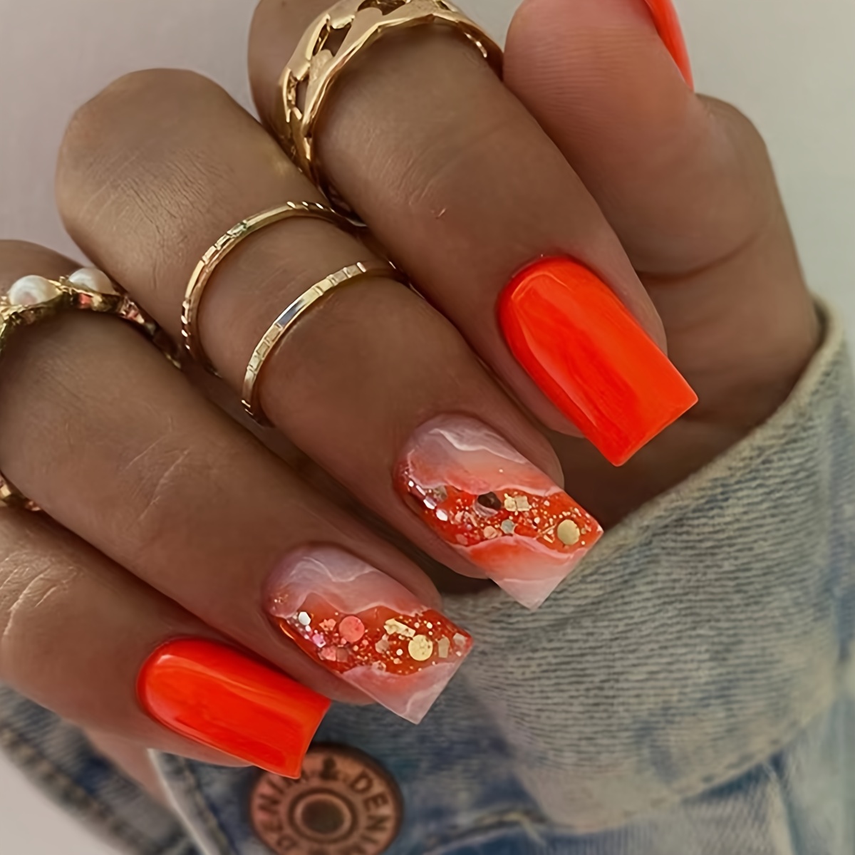 TEMU 24pcs Of Shiny Glitter Element Nail Sticker, French Sand Color, Short Style, And -garde, Suitable For Women In Different Occasions, Including