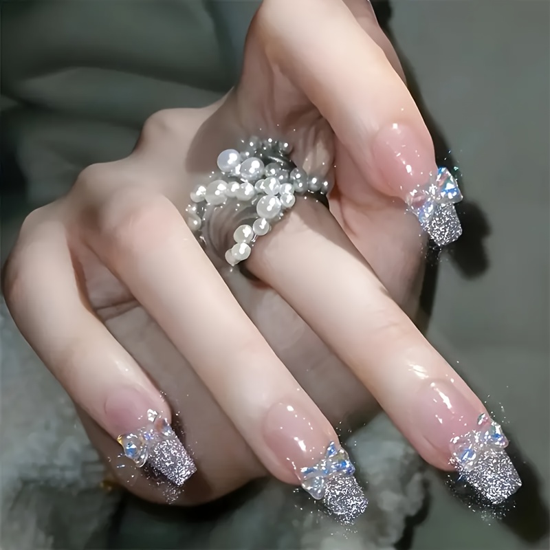 Image of 24pcs Set Of Handmade Glossy Long Coffin Press-on Nails - Pink French Style With Sparkling Rhinestones, Reusable Fake Nails For Women And