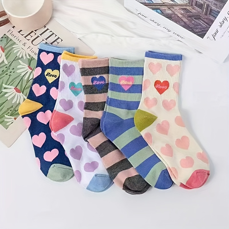 5 Pairs Dopamine Sweet Heart Striped Mid-calf Socks - Preppy Korean Style Women's Socks - Suitable For