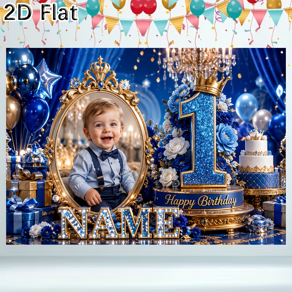 TEMU 2d Flat, 1pc 2d Flat Printing Banner Personalized Name And Photo Royal Blue Themed 1st Birthday Party Backdrop Banner For Happy First Birthday