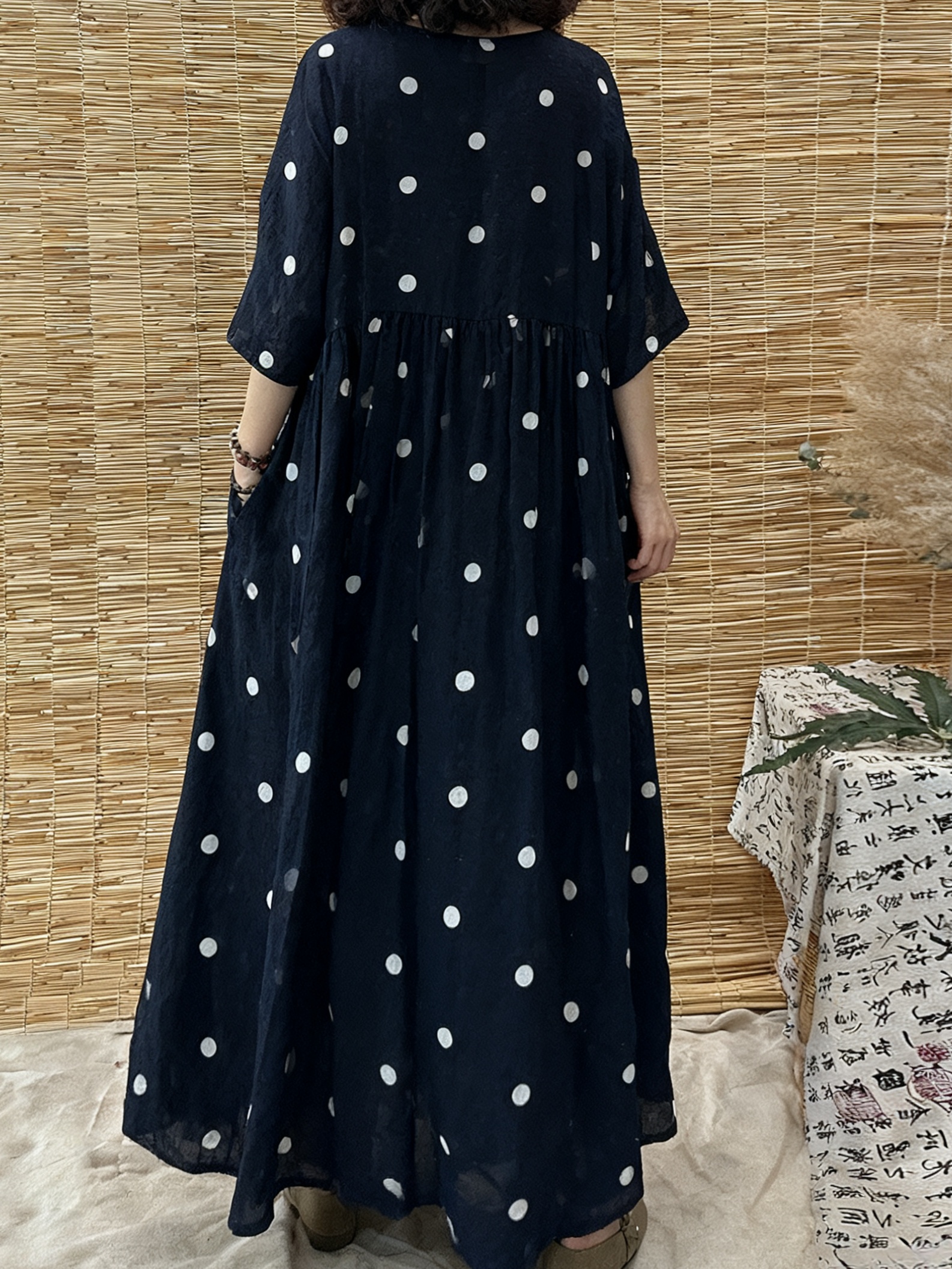 dress loose literary Women Literary Loose Solid Color V Neck Dress - Five Point Sleeve Casual  Midi Beach Skirt Dress