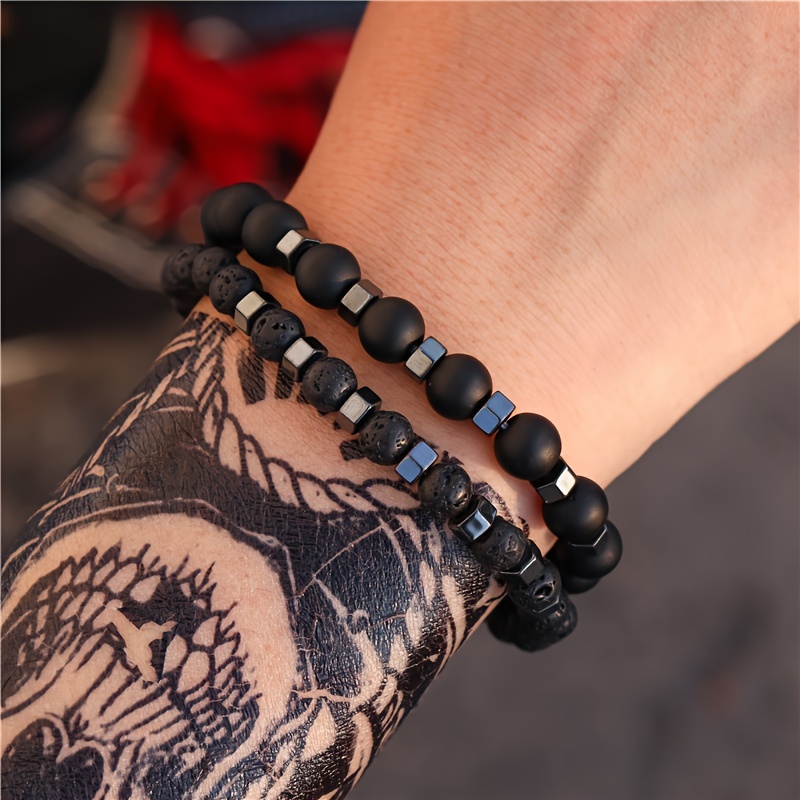 

2pcs All- Fashionable 6/8mm Black Frosted Lava Black Gallstone Spacer Beads Men's Bracelet For Daily Party