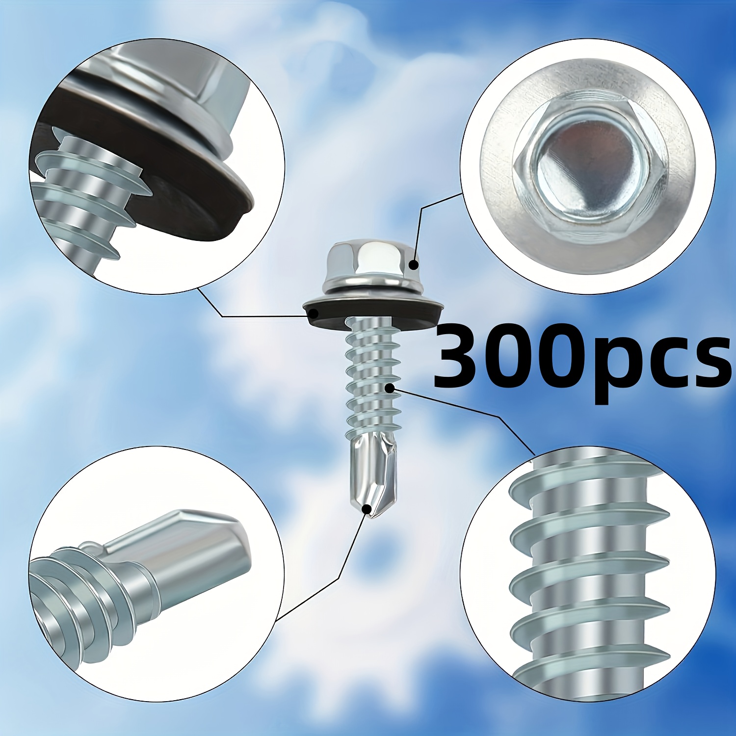 Image of 300-pack Hex Head Self-tapping Screws, Hex Head With Sealing Washer, Phillips Head Drive, 4.8mm X 19mm, Outdoor Use, And Rustproof Metal Roof Screws.
