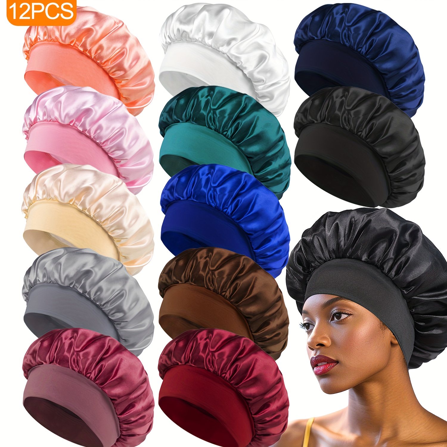 12pcs Women's Hair Care Elastic Bonnets, Made Of Polyester Fabric, Soft And Snug To Prevent Detachment, Suitable For Long Curly Hair, A Great Home Item For , Sleeping Cap