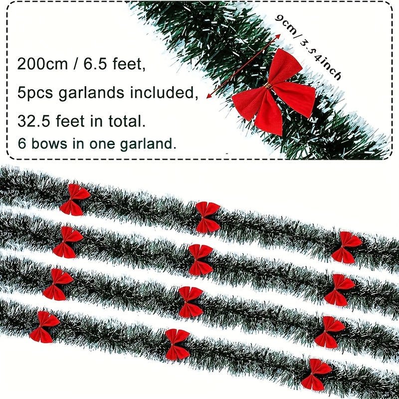 Christmas Tinsel Garland With Red Bows - 5 Pack, 32.5 Feet Total Length, Polyethylene Terephthalate, Indoor/outdoor Hanging Streamers For Holiday Party Decoration, Suitable 14+