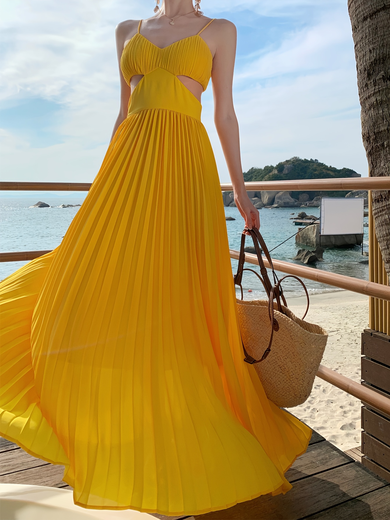 womens 2025 summer sleeveless beach dress yellow pleated - Temu