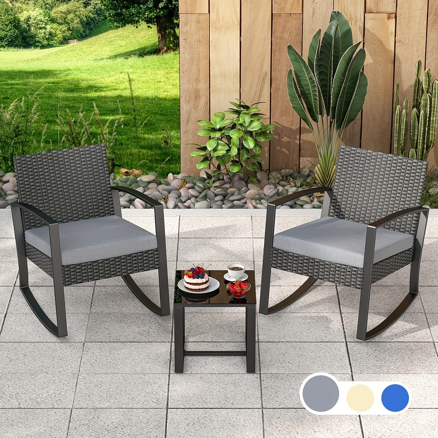 

3 Pieces Porch Furniture Set Patio Rocking Bistro Set Outdoor Patio Chairs Rattan Conversation Sets With Coffee Table For Front Porch Garden Balcony Backyard Poolside (grey, Beige, Blue Cushion)