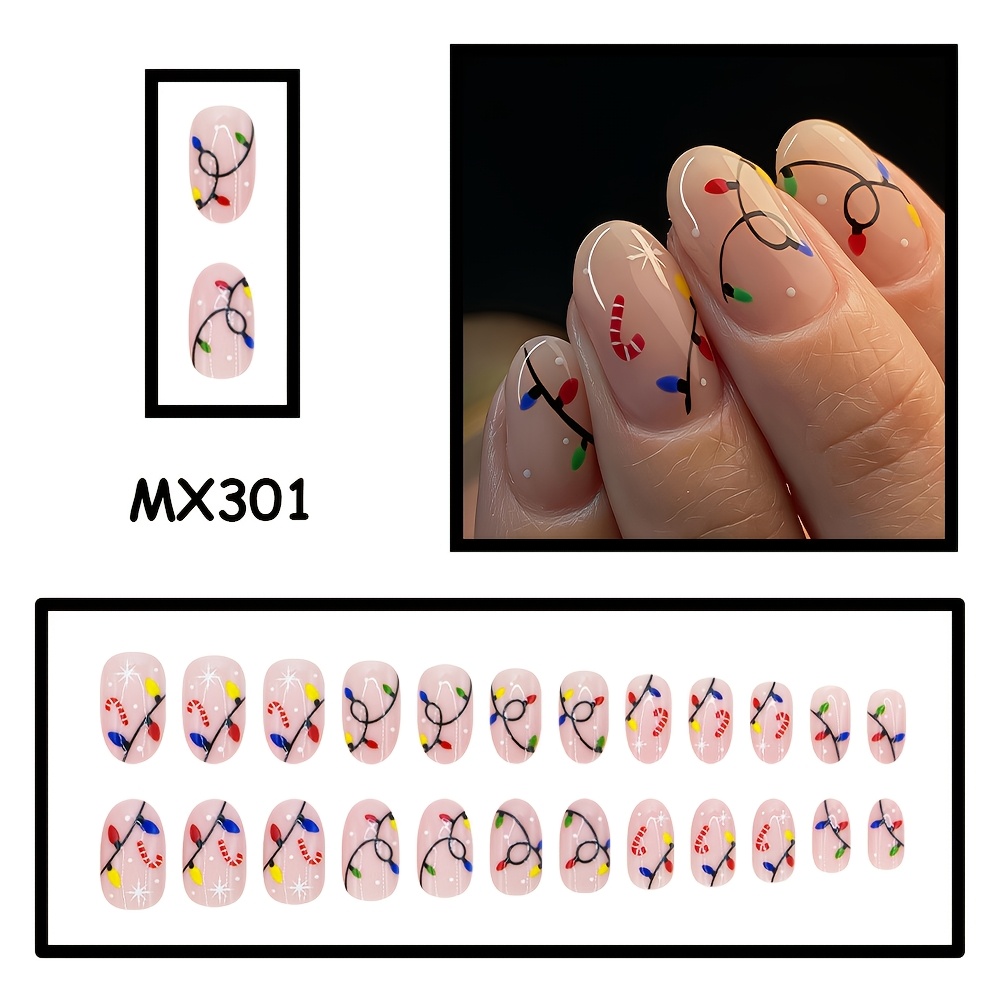TEMU 24 faux ongles couchés à base nude transparente avec guirlandes lumineuses de Noël colorées, canne en sucre, de neige, , ovale, finition