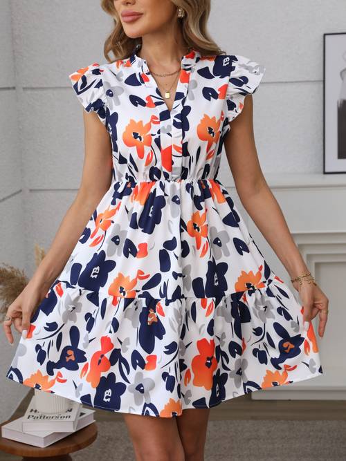womens summer floral print ruffle hem notched collar mini dress 100 polyester a line dress with flutter sleeves