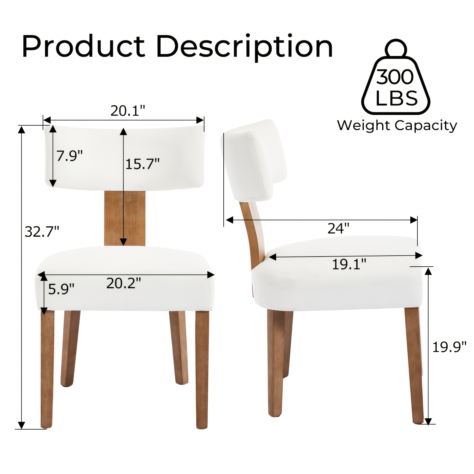 DMKAI Set Of 2 Farmhouse Rustic Dining Chairs - White Upholstered Low-Back Backrest, Natural Wood Frame with Hand-Carved Accents, Sturdy Tapered Legs for Dining Room & Kitchen