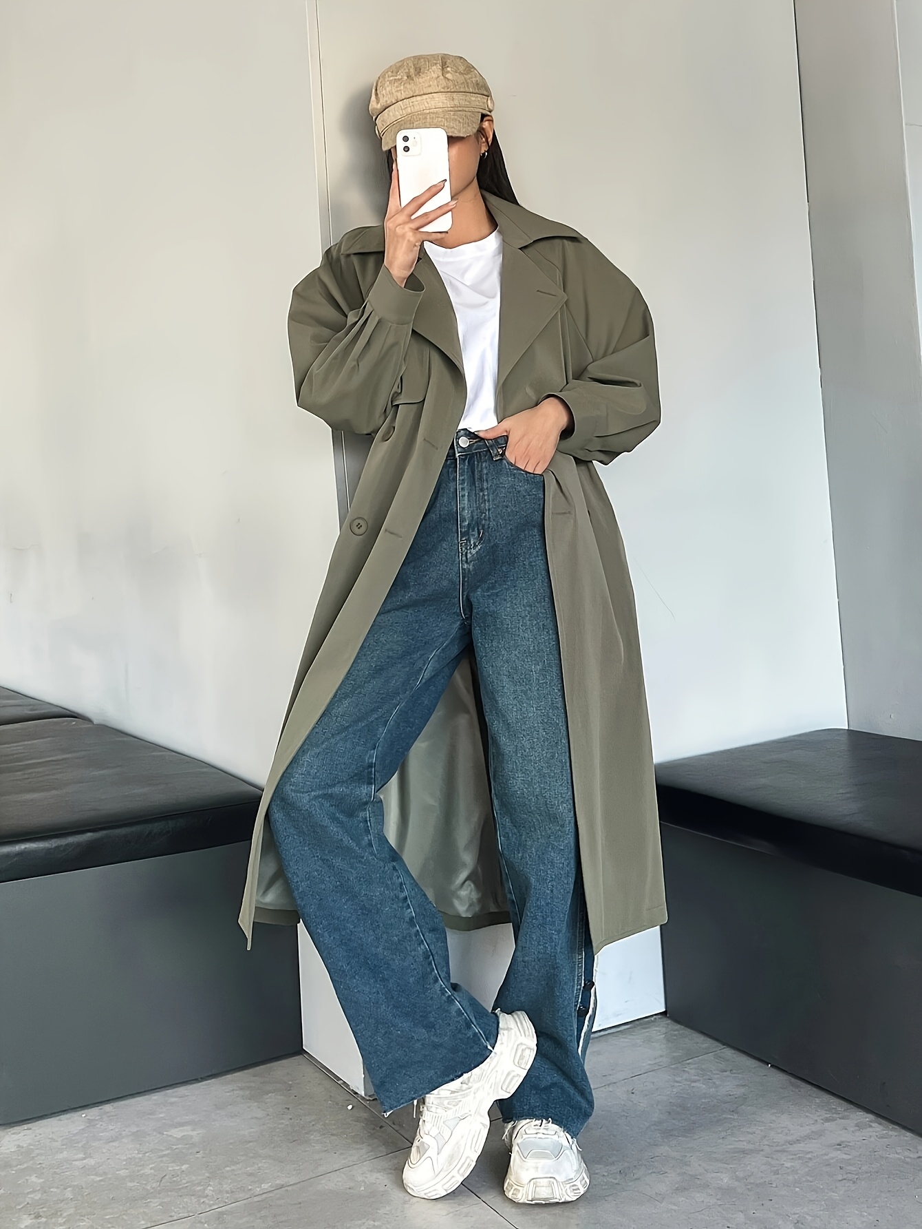 1pc Women'S Classic Trench Coat, Military Green, Polyester Fiber, Solid  Color, Woven Fabric, 100g/m² Weight, with Pockets, Fashionable *-Length