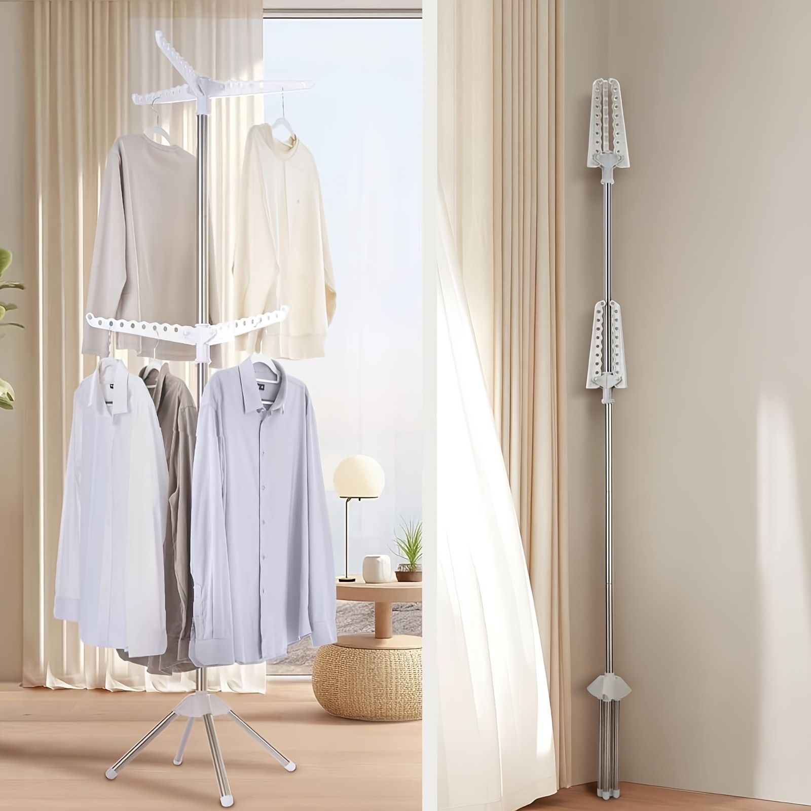 2 Tier Foldable Clothes Drying Rack | Vertical Coat Rack With Clips And Rotatable , Portable For Flats And Small Rooms, Indoor Outdoor Use, Stainless Steel, Freestanding, Multipurpose