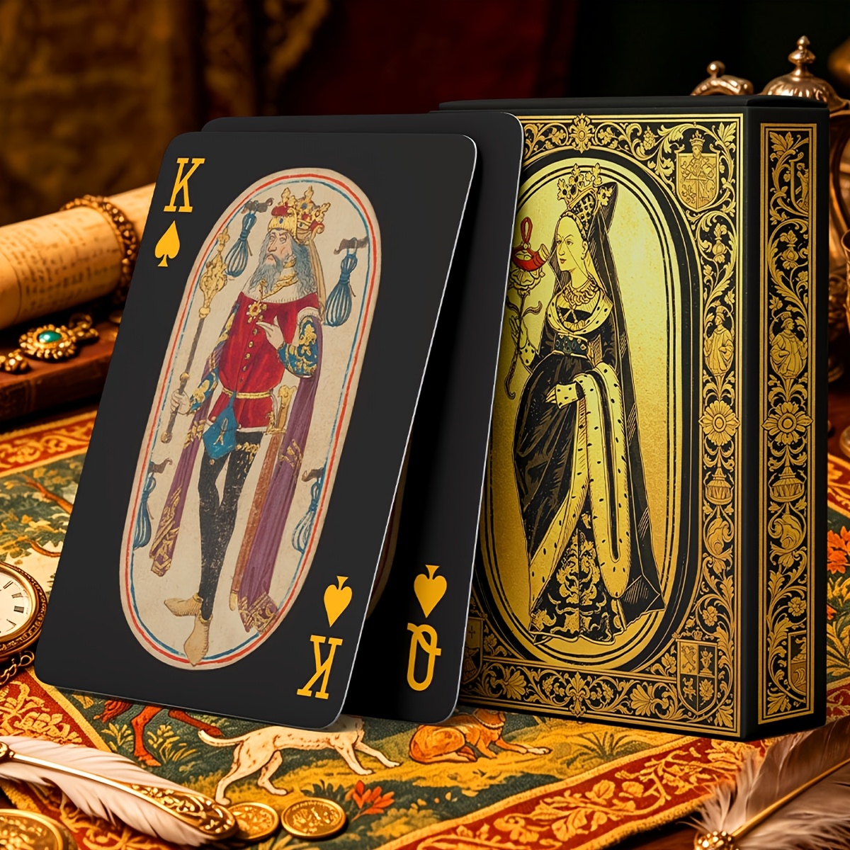 TEMU Jeu de cartes à Seigneur Médiéval , avec les quatre de : collier de chien , de chasse, laisse de chien et de chasse. 52 cartes + 2 . La surface
