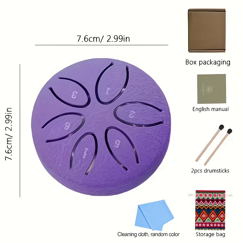 TEMU 3-inch 6-tone Mini Portable Steel Tongue Drum - Beginner's Handheld Percussion Instrument - Carbon Steel Hollow Drum With Drumsticks, Cleaning
