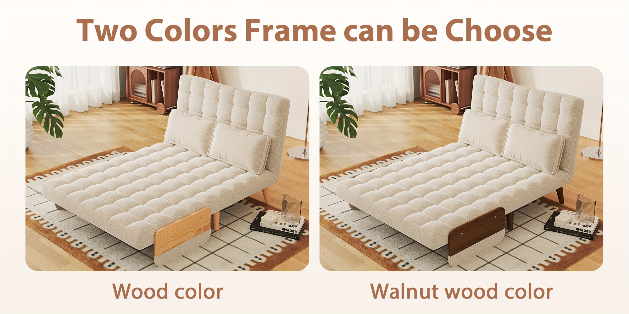 1 Modern Cotton And Linen Convertible Sofa Bed with 5 Adjustable Backs, Adjustable Height Pillows - Living Room Recliner, Single Or Double Use, Living Room Furniture Sofa | Neutral Home Decor | Wood Frame Sofa (Beige/Coffee)
