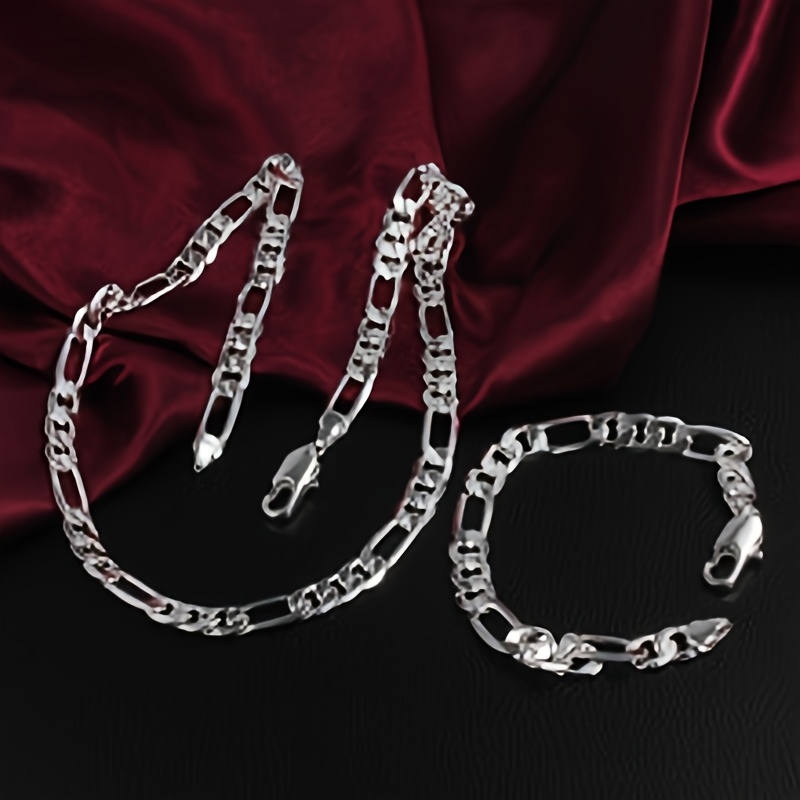 TEMU 2pcs/set Necklace Bracelet Plated 925 Silver Plated Jewelry Men's And Women's 4mm Three- Ratio Necklace Bracelet Christmas Gift Wedding Gift