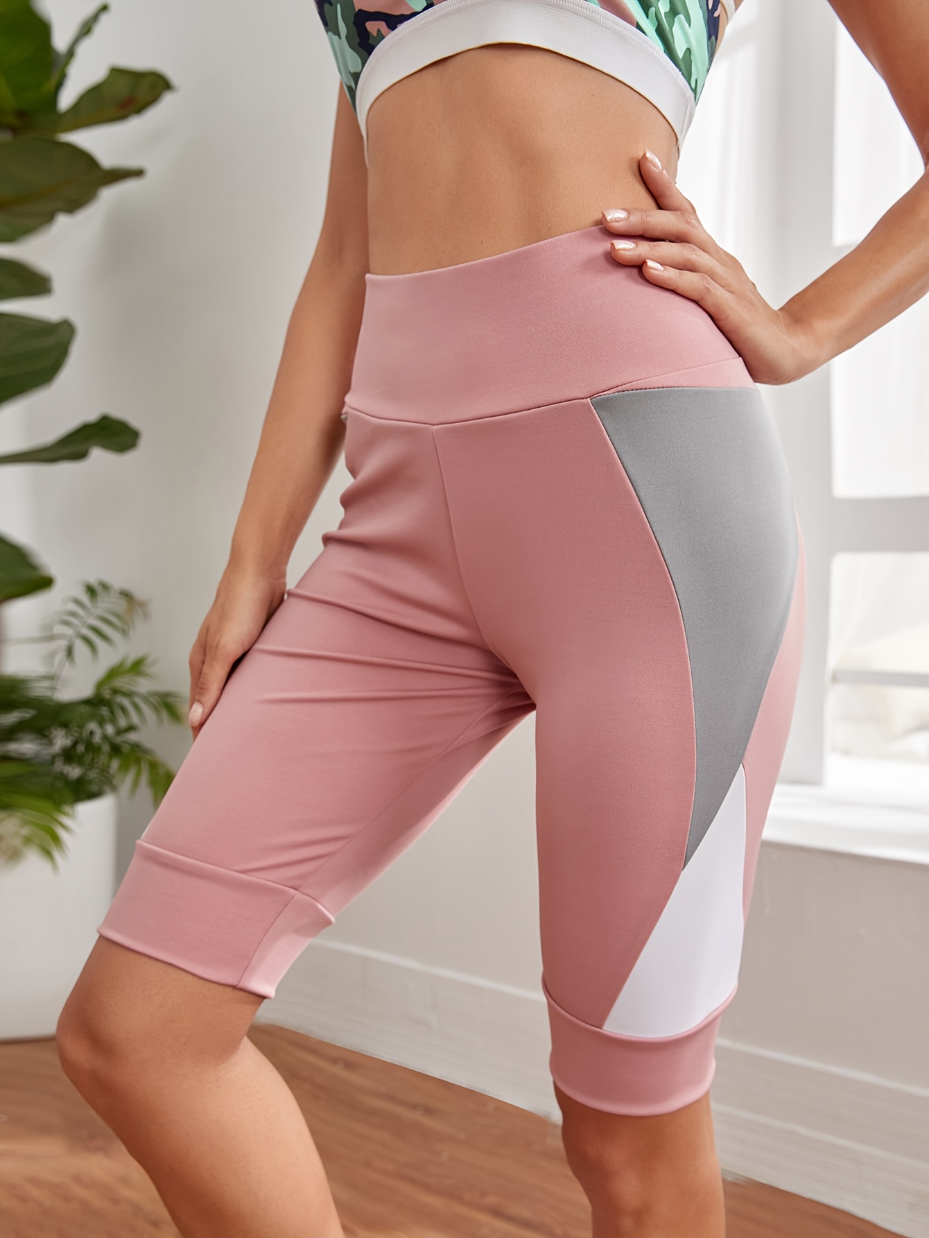 women's high waist color block yoga shorts tummy control Temu