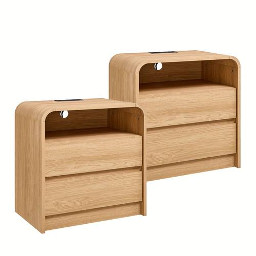 25 tall modern nightstand with charging station wood bedside table w 2 storage drawers large century end table for bedroom living room curved