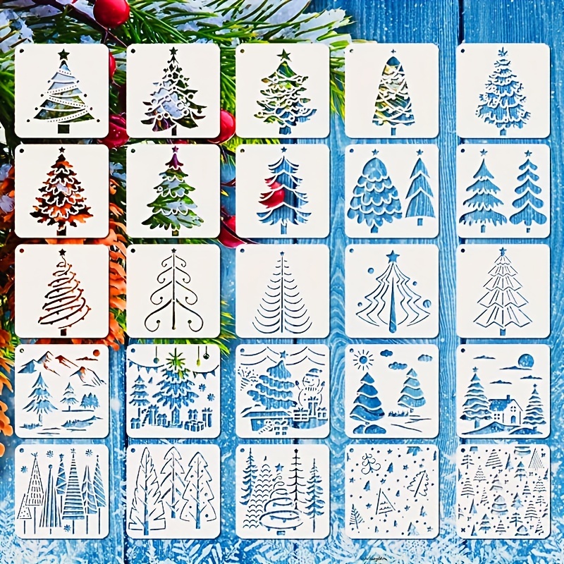 

25pcs Christmas Tree Stencils - Reusable Plastic Craft Templates For Diy Wall, Wood, Window, Furniture & Canvas Decor | Designs With Merry Christmas Deer & Gifts (4 Inches)