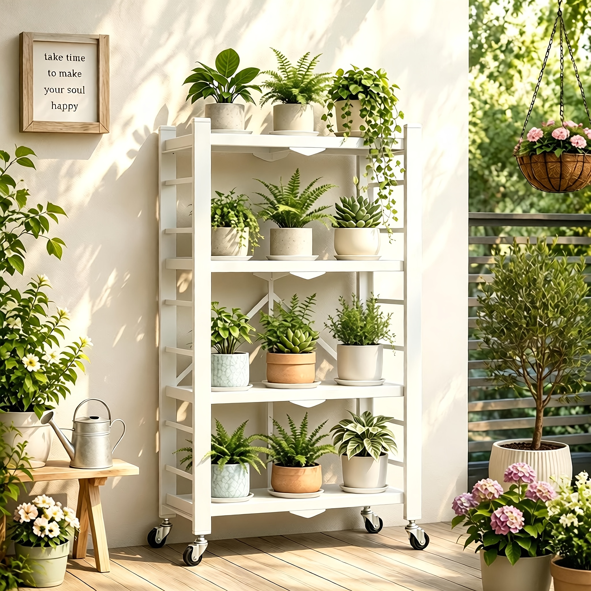 TEMU Support à fleurs pliable à 4 niveaux en métal doré, installation avec roulettes, support de pot de fleurs, convient , et environnements