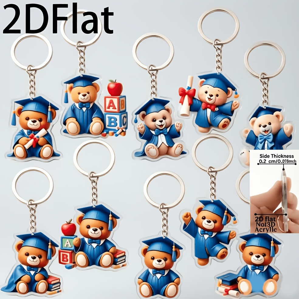 TEMU 2d Flat 10pcs Set Of Bear Graduation Season Commemorative Keychains, Creative Shoulder Bag Pendants, Birthday Gifts, Graduation Party