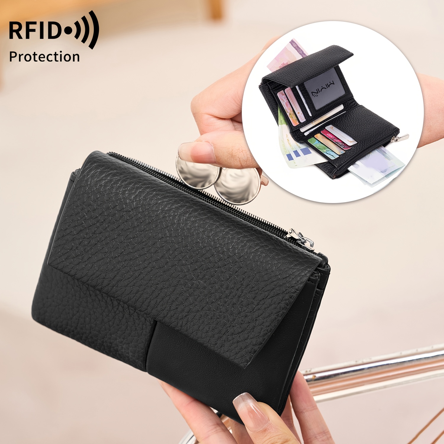 TEMU Women's Retro Rfid Blocking Short Wallet, Simple Lychee Pattern Wallet, Magnetic Seal, Compact Wallet For Cash/card/id Card, Minimalist Card Bag