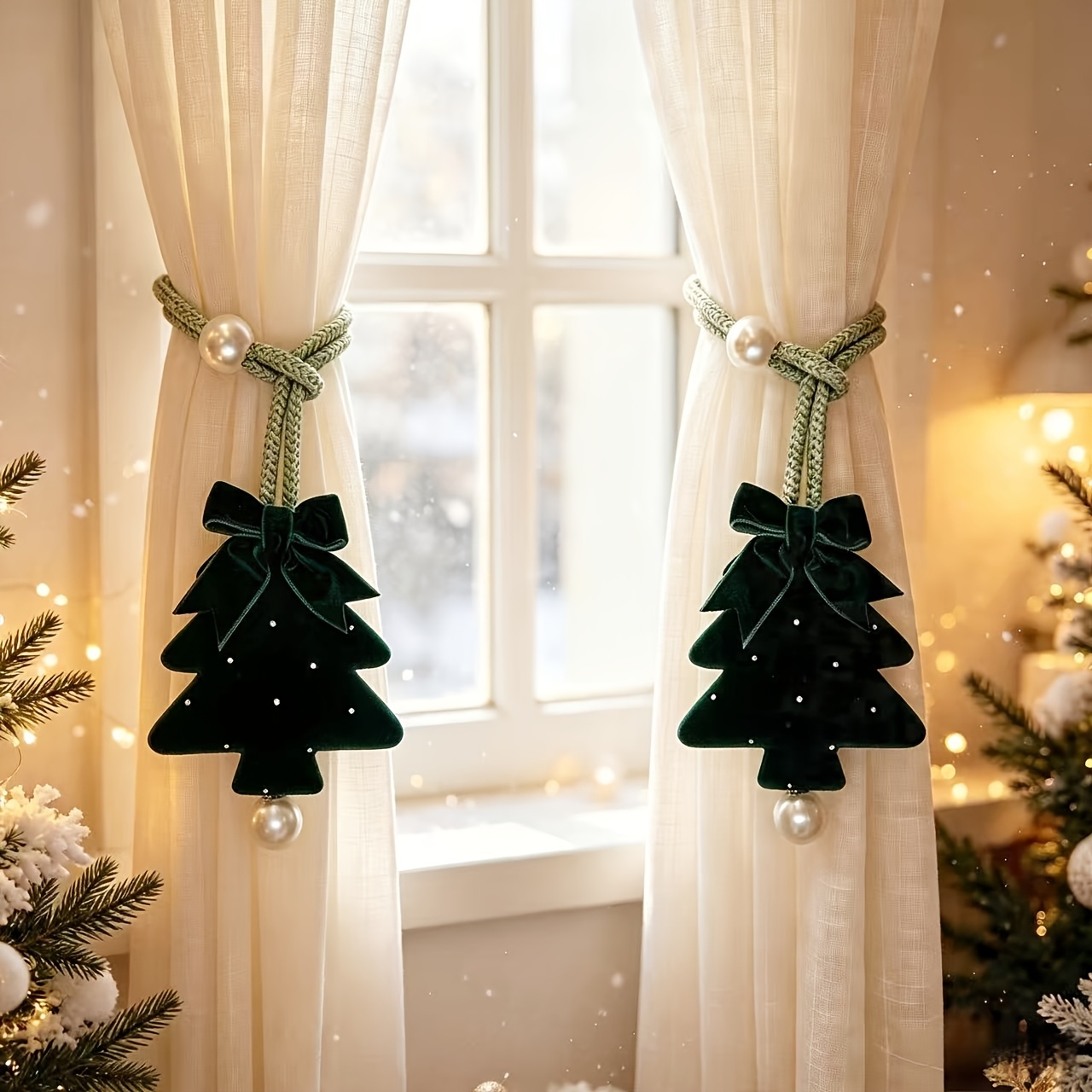 TEMU 2pcs Velvet Bow With Rhinestones Christmas Tree Curtain Tiebacks, Sheer Curtain Holdbacks, Suitable For Curtain Fixing, Christmas Fabric Curtain