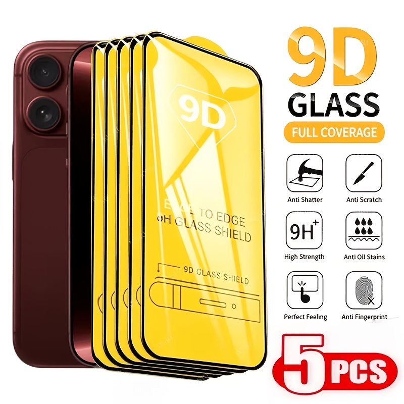 TEMU Paquete de 5 protectores de pantalla de cristal templado 9D de calidad, marca OVAODDT, protector de pantalla móvil HD, compatible con iPhone 18