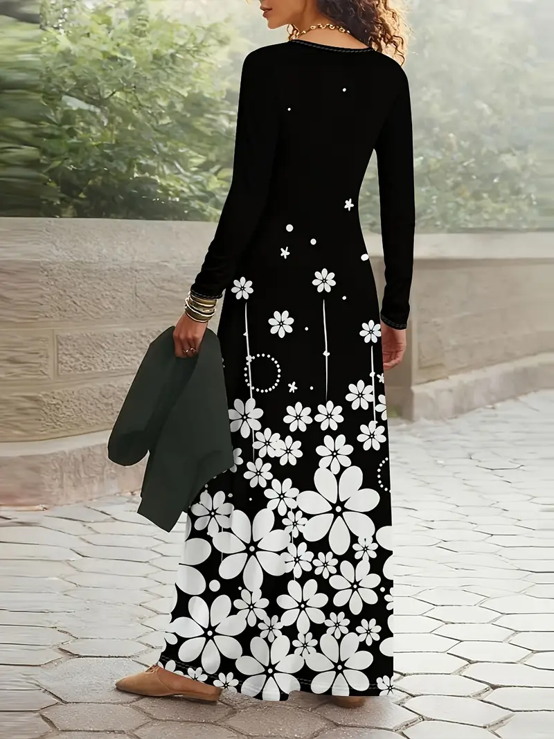 black dress with white flowers long sleeve Black and White Floral Wedding Dress with Long Puff Sleeves, 3D Flower Viniodress