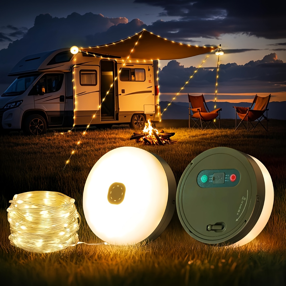 TEMU Solar Camping String Lights, 35 Ft Fairy String Light, 4 In 1 Portable Waterproof Camp Led Lamp With 8 Lighting , Hanging Rechargeable Tent