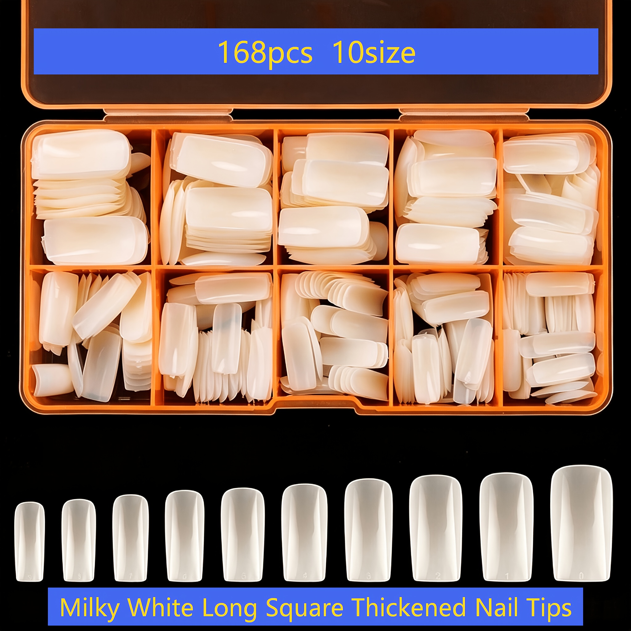 TEMU 168pcs Milky White Thickened Acrylic Press On Nails Suitable For Nail Art , 10 Sizes Full Cover Long Square False Nails With Pre-made Tips,