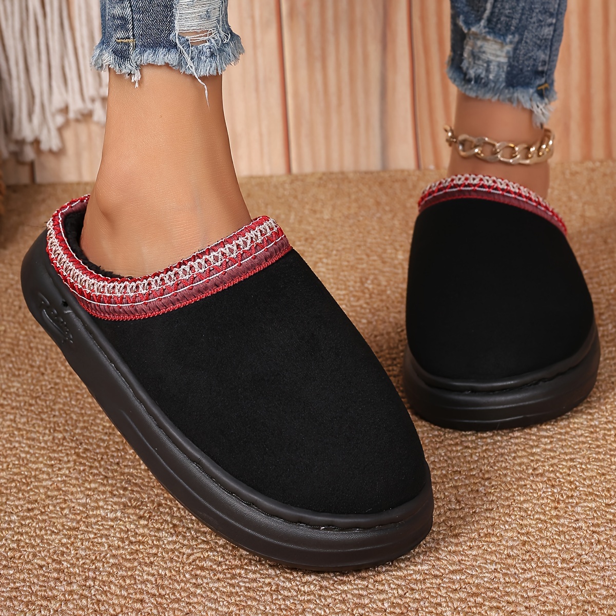 

Vintage Style Unisex Fabric Slippers With Eva Sole - Casual Round Toe Slip-on Indoor Slippers With Plush Lining For Fall/winter, Solid Color With Ethnic Trim Detail, Sun Resistant.