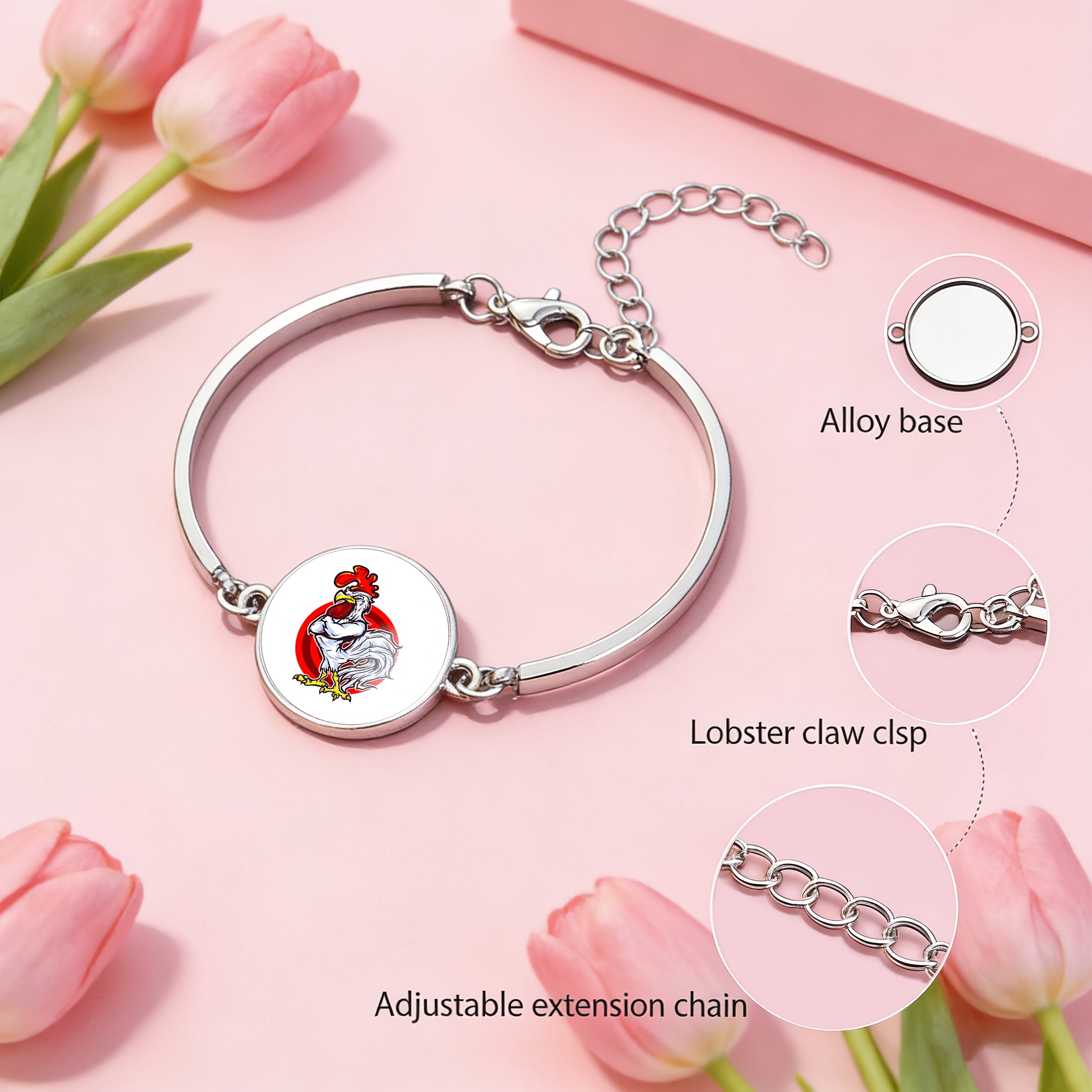 Adjustable Open Bangle with Rooster Crest Design